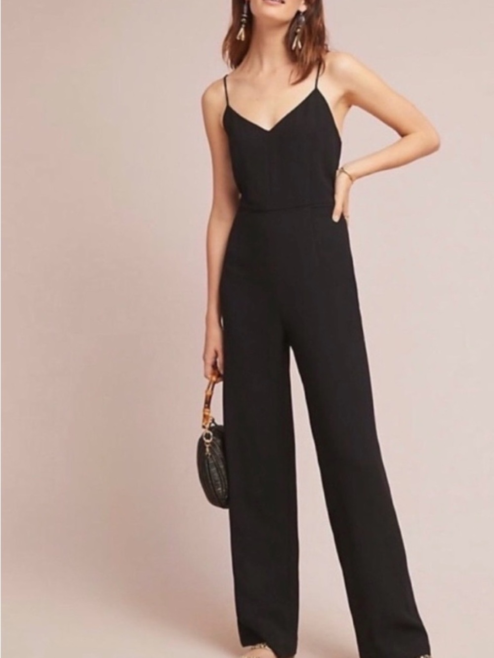 Anthropologie Black V-Neck Wide-Leg Spaghetti Strap Jumpsuit